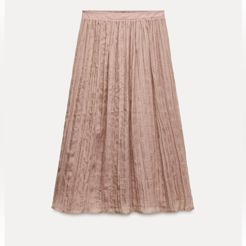 Zara NWT dusty pale pink elastic waistband wrinkle effect midi skirt - Picture 2 of 9